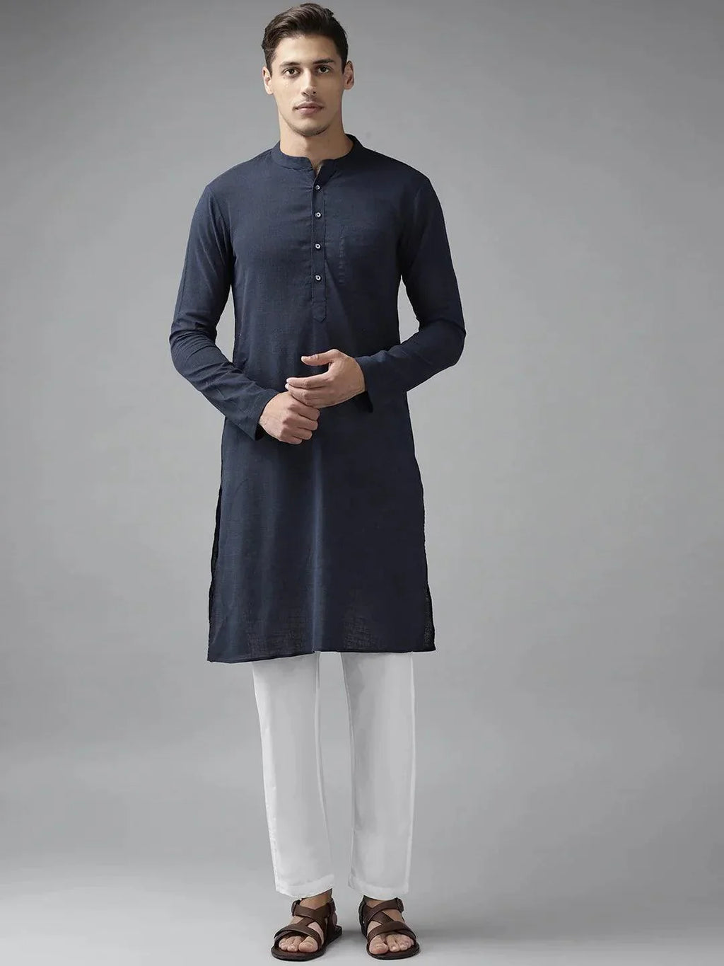 Fabmade Men Navy Blue Cotton Linen Kurta