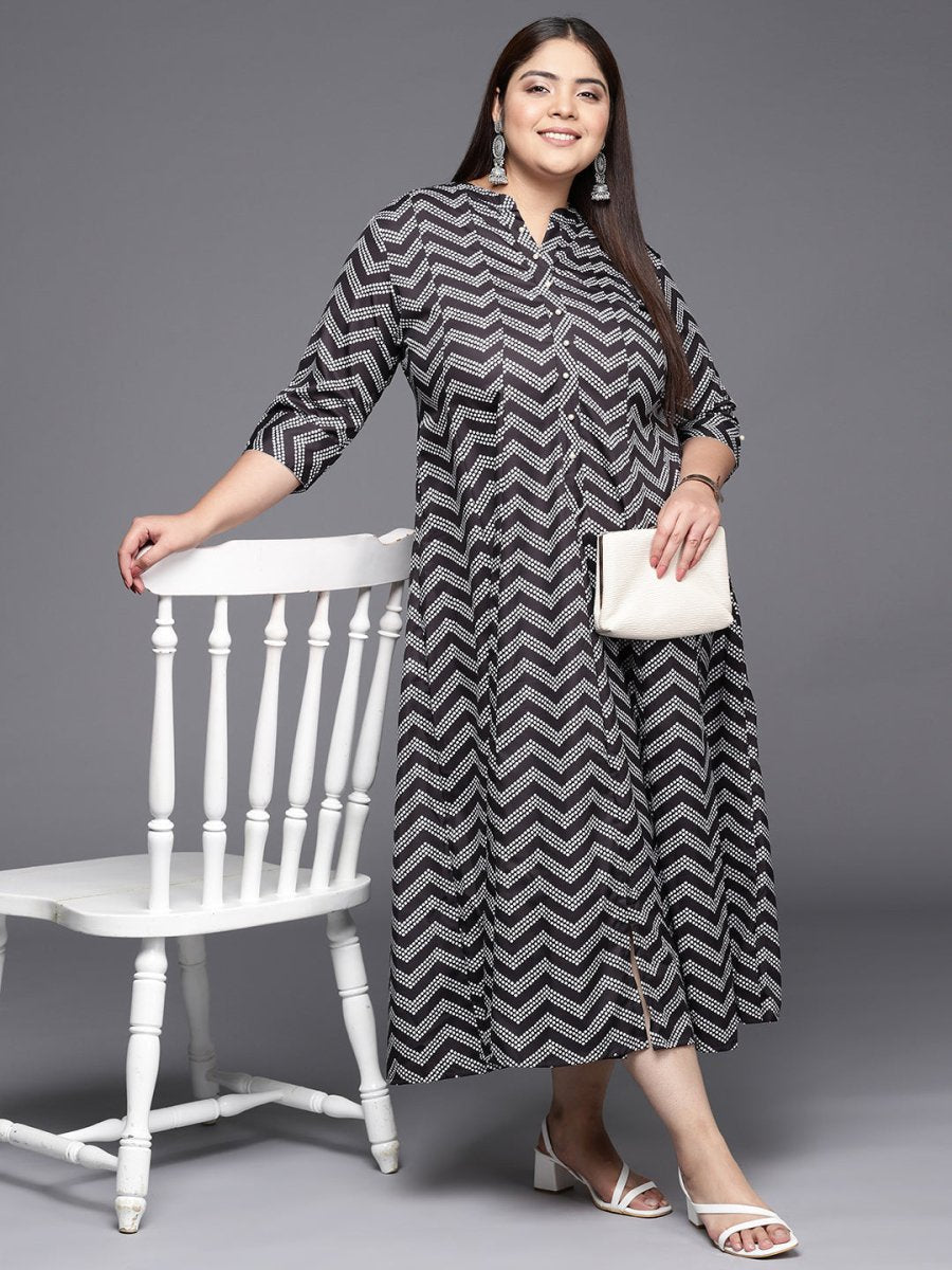 Ahalyaa Plus Size Chevron Print Crepe Mandarin Collar A-line Midi Ethnic Dress - Distacart