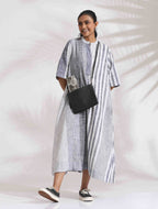 trueBrowns Off-White Cotton Multi Stripe Flared Dress - Distacart