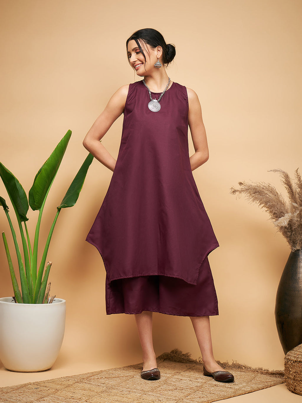InWeave Women's Wine Solid Short Kurta Palazzo Set