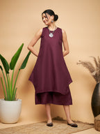 InWeave Women's Wine Solid Short Kurta Palazzo Set