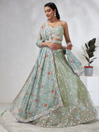 House of Panchhi Lime Green Chiffon Sequins And Thread Embroidery Lehenga Choli & Dupatta