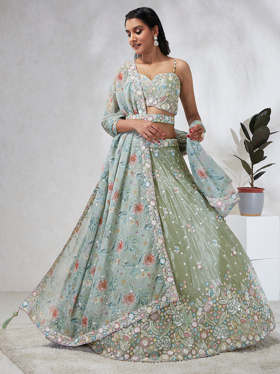 House of Panchhi Lime Green Chiffon Sequins And Thread Embroidery Lehenga Choli & Dupatta