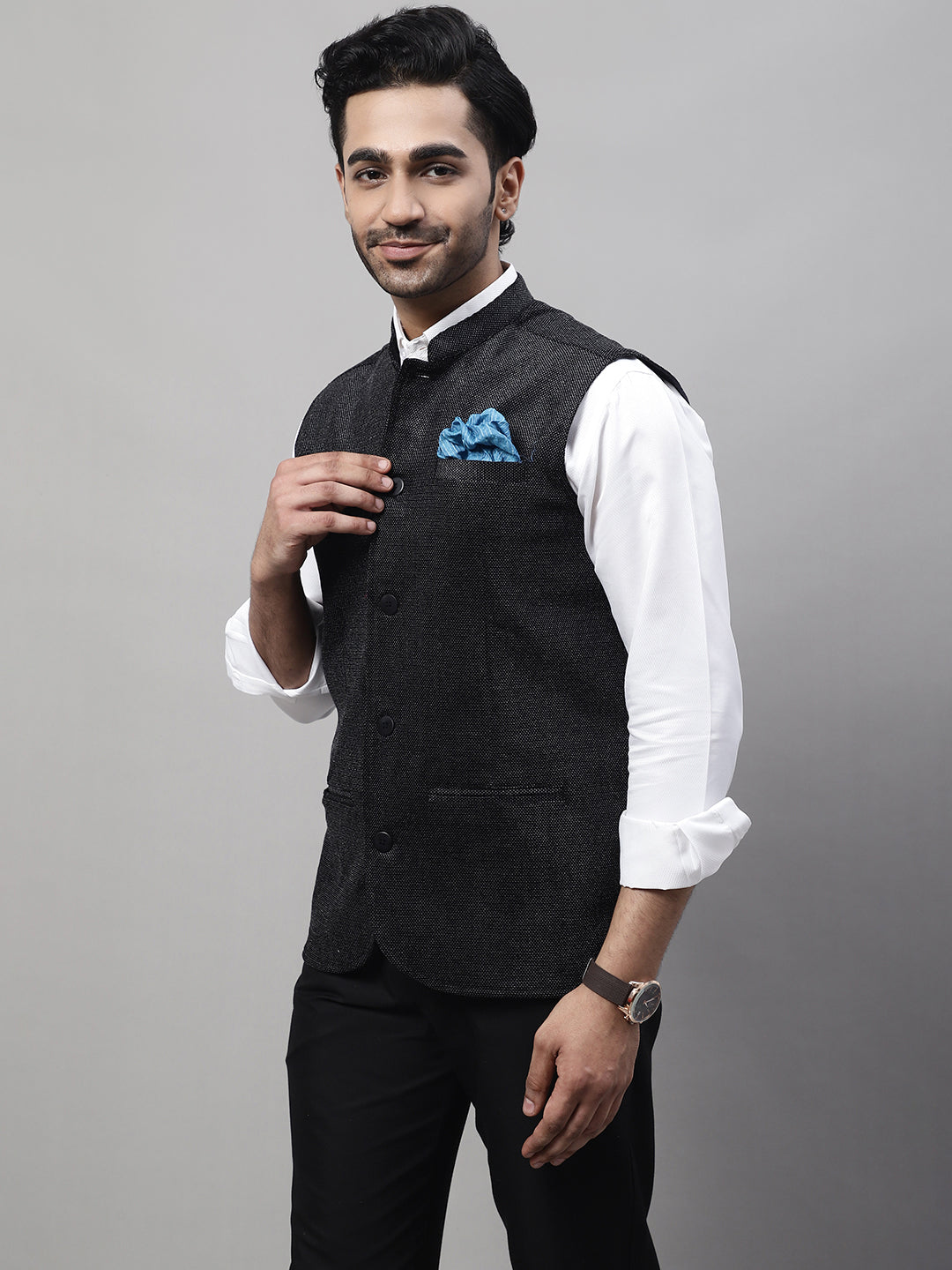 Even Apparels Men's Black Nehru Jacket With Welt Pockets