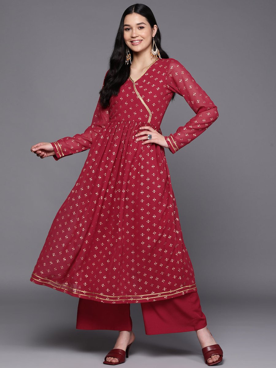 Ahalyaa Women Maroon Floral Empire Kurta with Palazzos