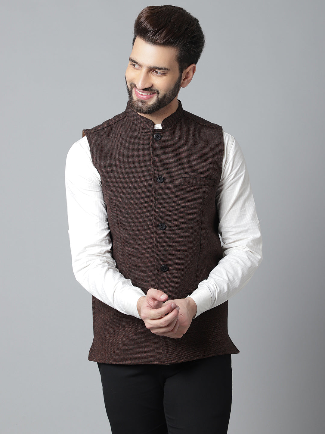 Even Apparels Men's Brown Nehru Jacket With Welt Pockets