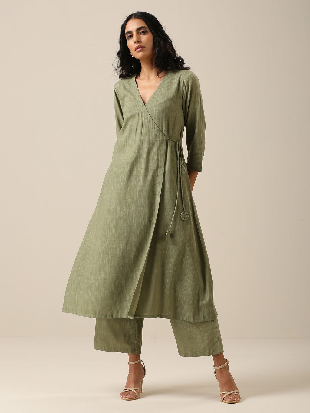trueBrowns Sage Slub Texture Angrakha Pant Set | Relove - Distacart