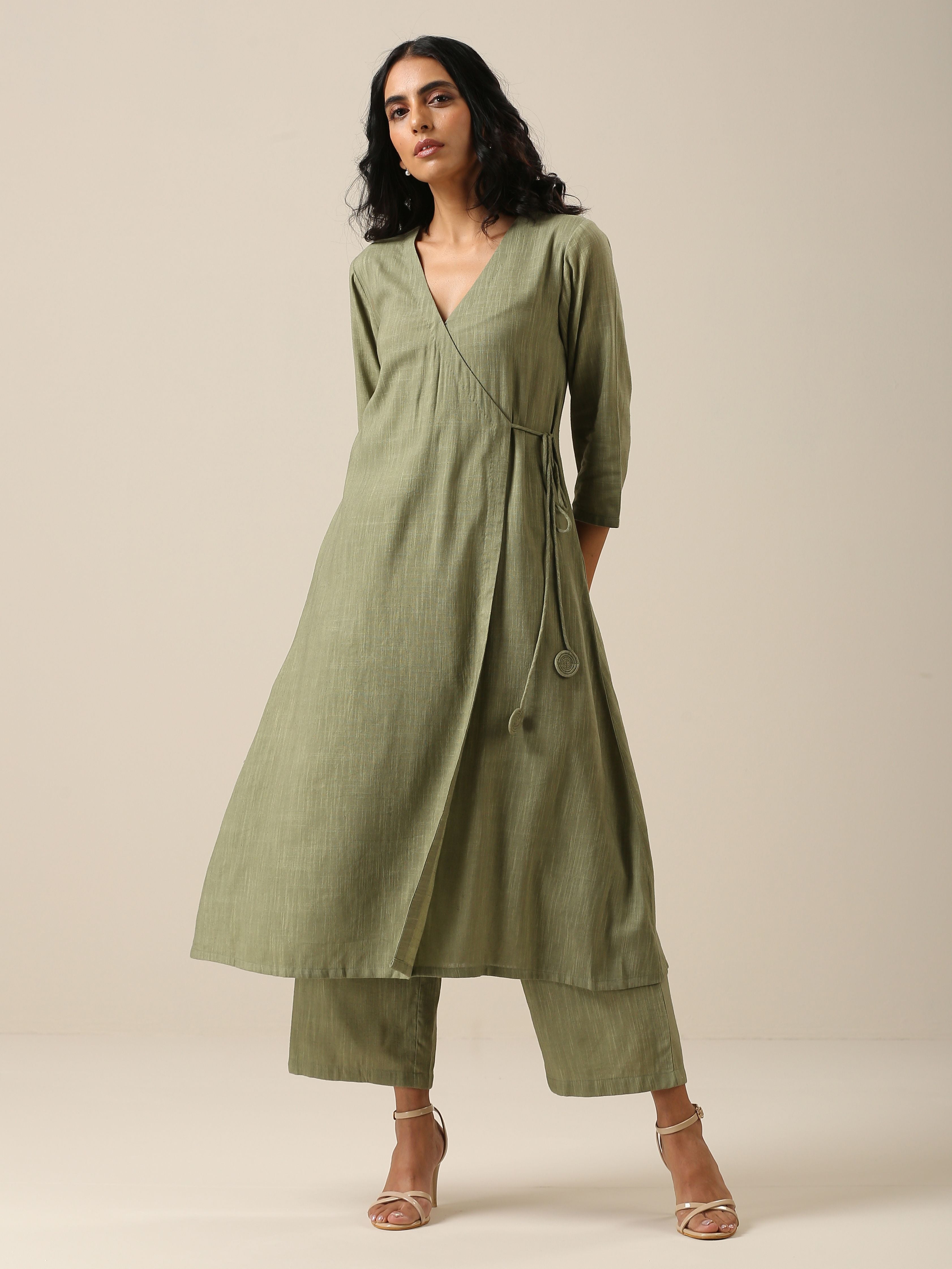 trueBrowns Sage Slub Texture Angrakha Pant Set | Relove - Distacart