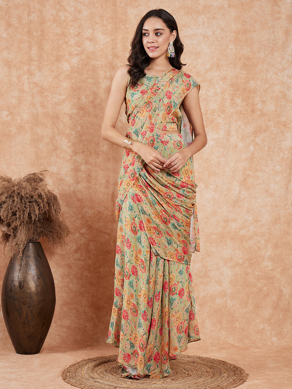 InWeave Women's Pear Green Red Floral Skirt Saree - Distacart