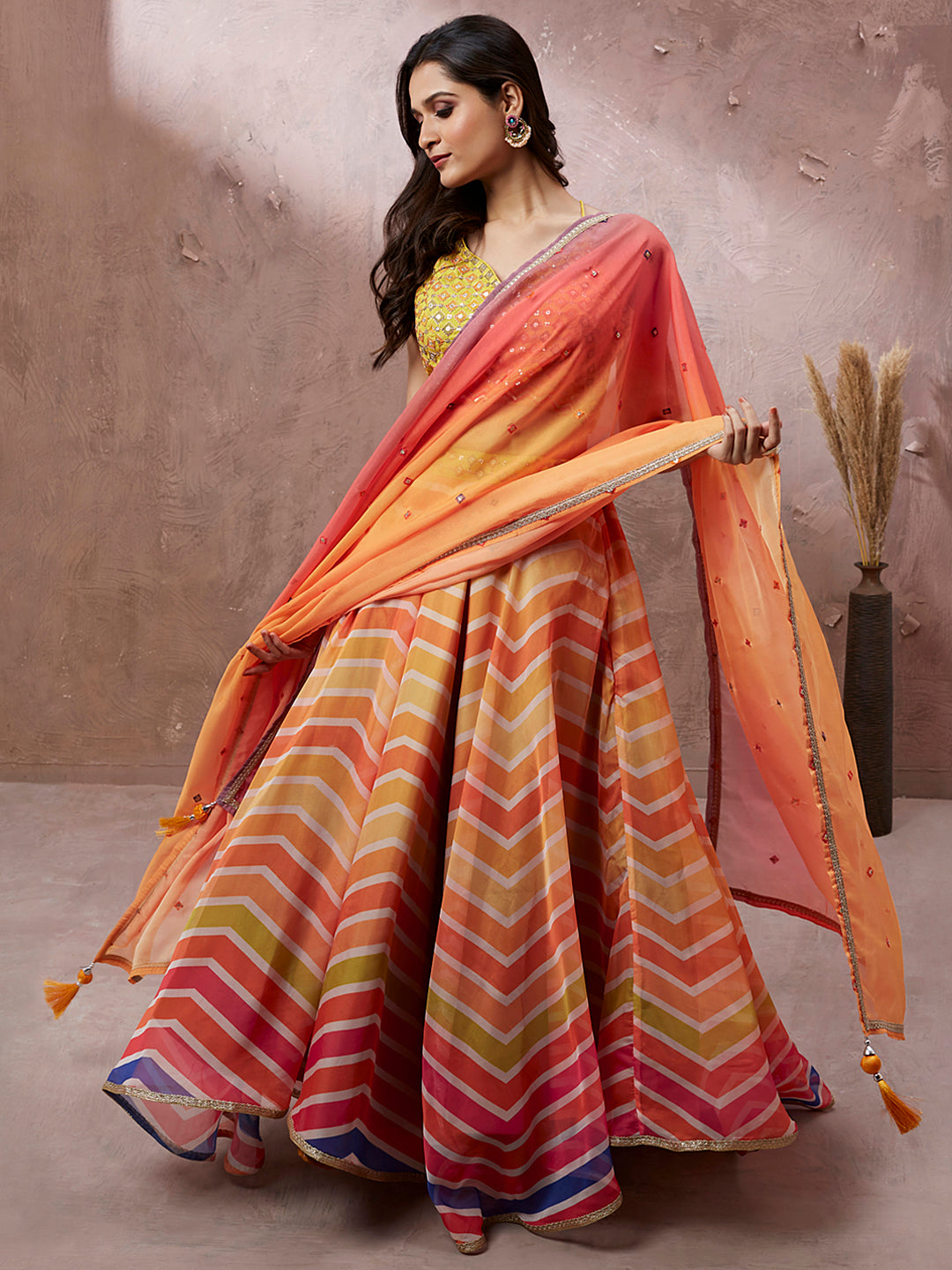 House of Panchhi Yellow Organza Leheriya Printed Lehenga Choli & Dupatta