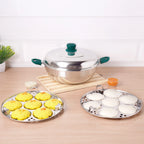 The Indus Valley 14 Pit Tri-Steel Multi Pot Premium Stainless Steel Idli/ Momo Maker/  Veg Steaming Set, Tri-ply Induction Bottom, 2 Plates, 27cm