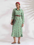 trueBrowns Green Cotton Embroidered Shirt Dress - Distacart