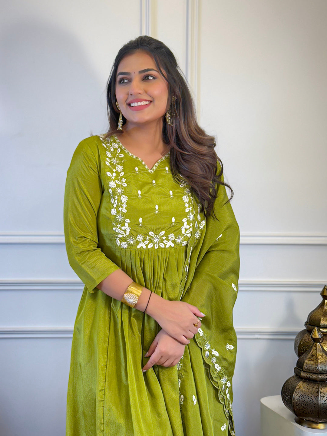 The52 Women's Gorgeous Chinon Embroidery Straight Kurta with Pant And Dupatta Set - Distacart