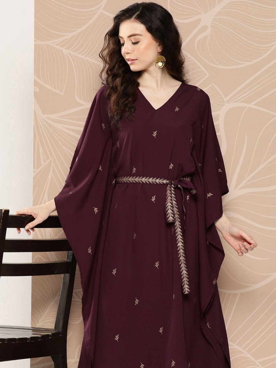 Ahalyaa Women Floral Printed Flared Sleeves Belted Detail Crepe Kaftan Kurta - Distacart