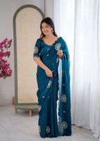 Evanik Designer Heavy Fendy Satin With Beads Embroidered Work Saree With Unstitched Blouse - Distacart