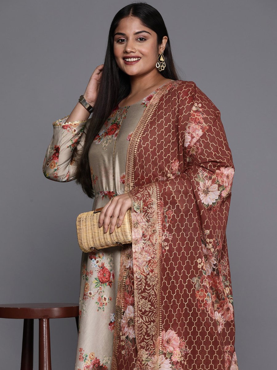 Ahalyaa Plus Size Round Neck Maxi Ethnic Dress With Dupatta - Distacart