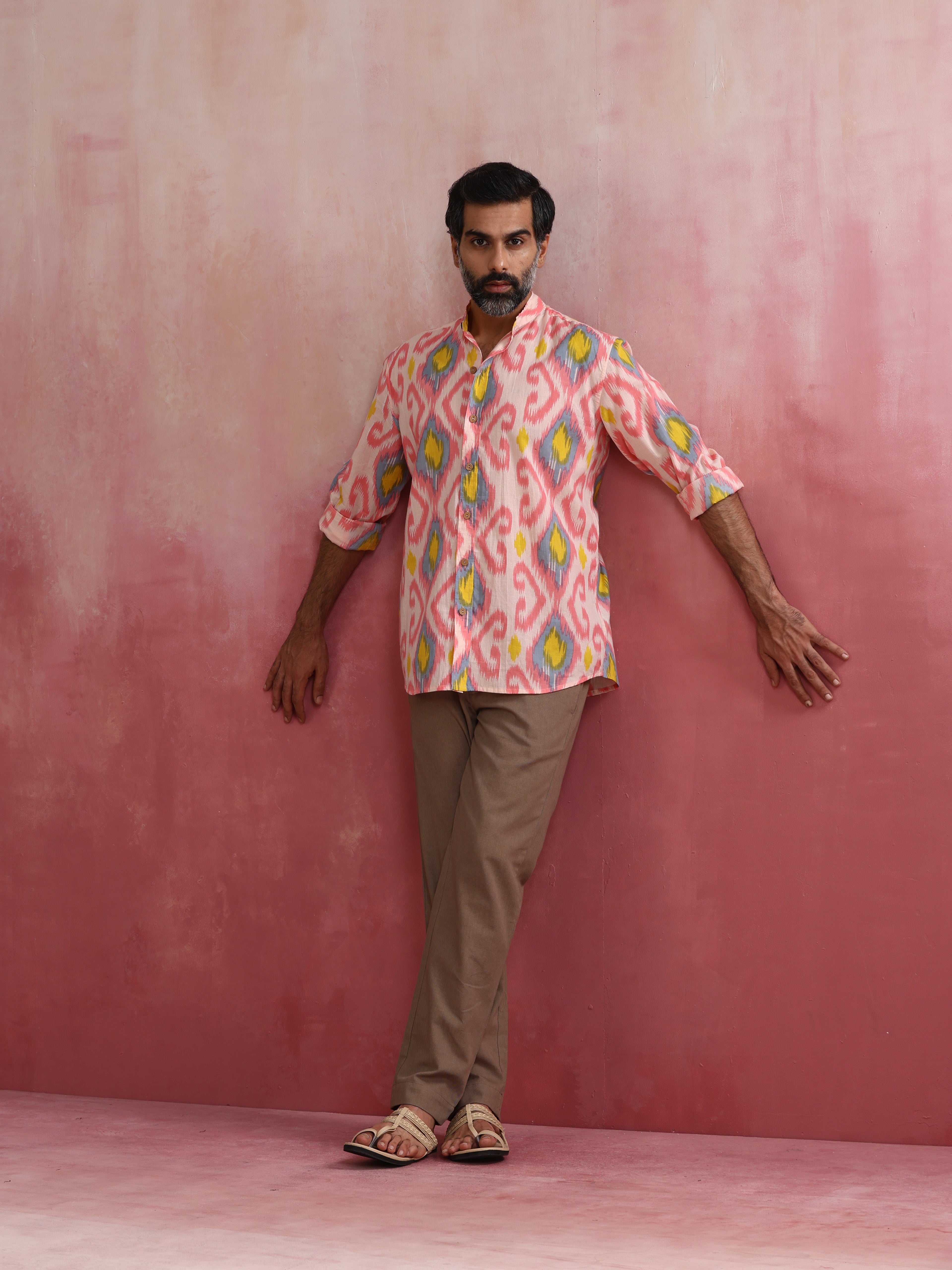 trueBrowns Men's Lime Ikat Print Cotton Shirt