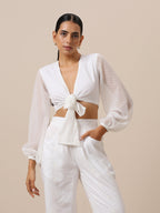 trueBrowns Chiffon White Dobby Tie Up Top