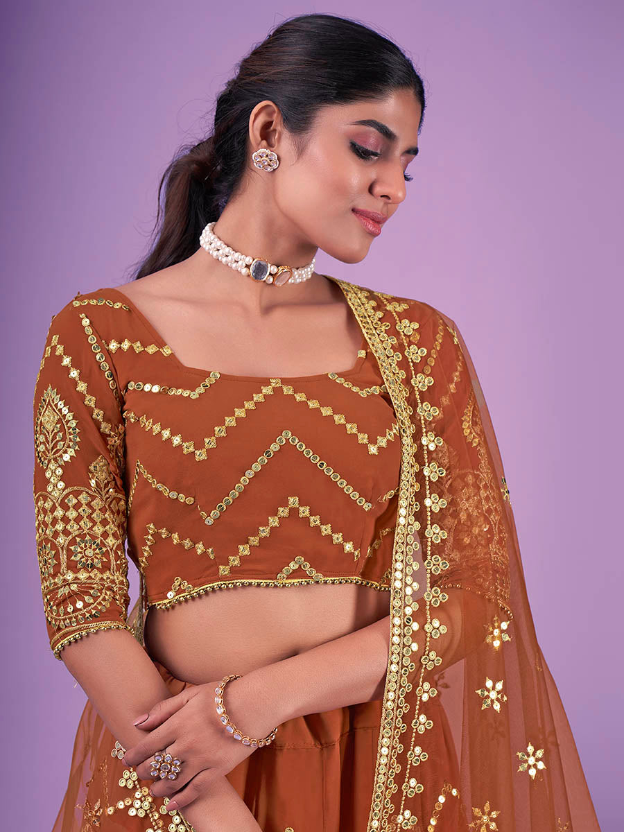 Myra Orange Georgette Embroidered Designer Lehenga