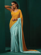 trueBrowns Blue Mustard Muslin Silk Ready to Wear Saree