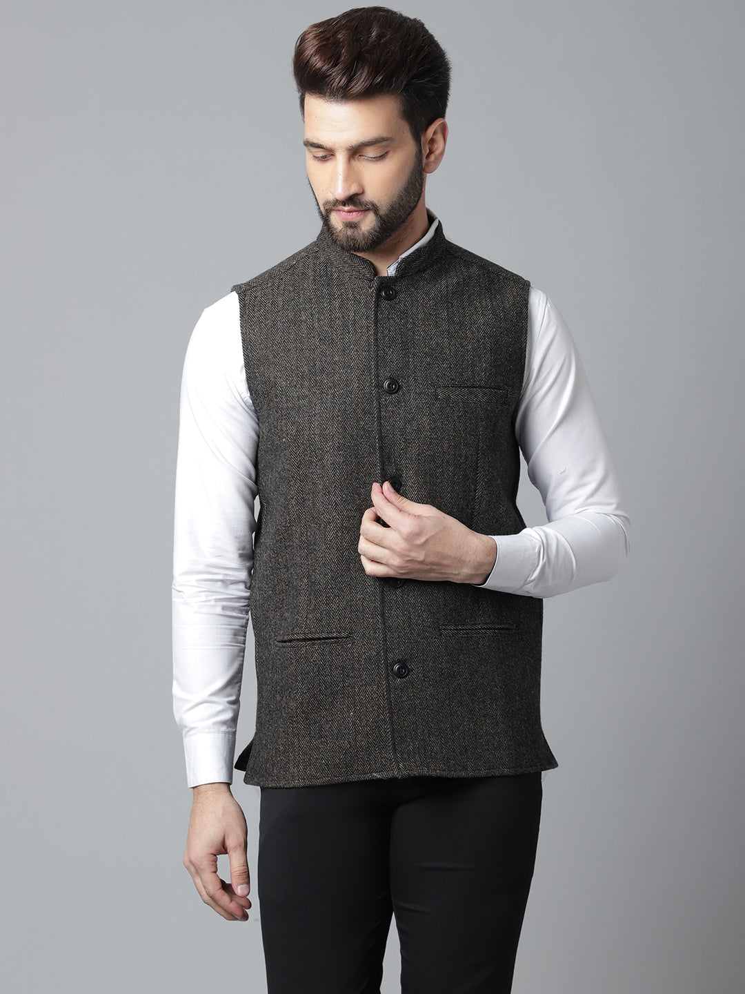 Even Apparels Men's Brown Pure Wool Nehru Jacket