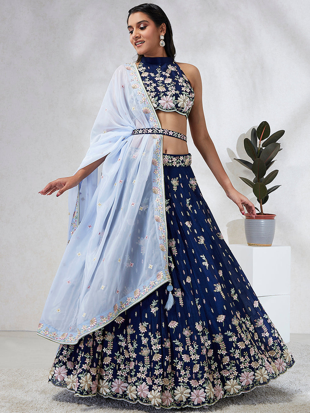 House of Panchhi Navy Blue Pure Georgette Sequins And Thread Embroidery Lehenga Choli & Dupatta