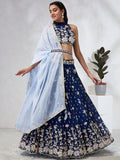 House of Panchhi Navy Blue Pure Georgette Sequins And Thread Embroidery Lehenga Choli & Dupatta