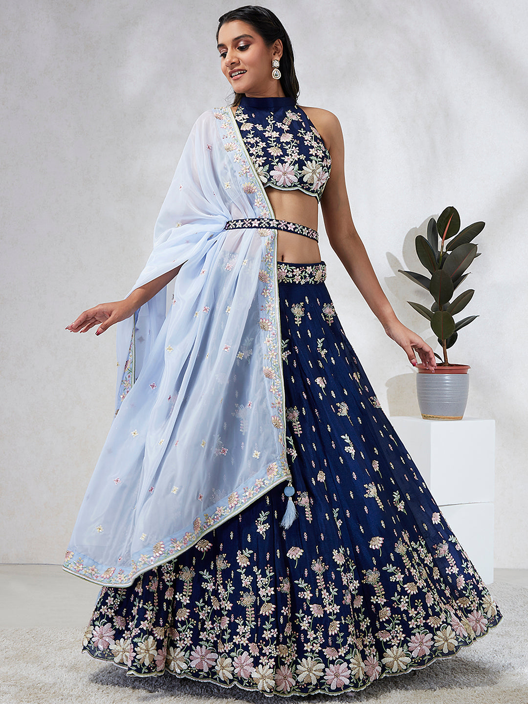 House of Panchhi Navy Blue Pure Georgette Sequins And Thread Embroidery Lehenga Choli & Dupatta