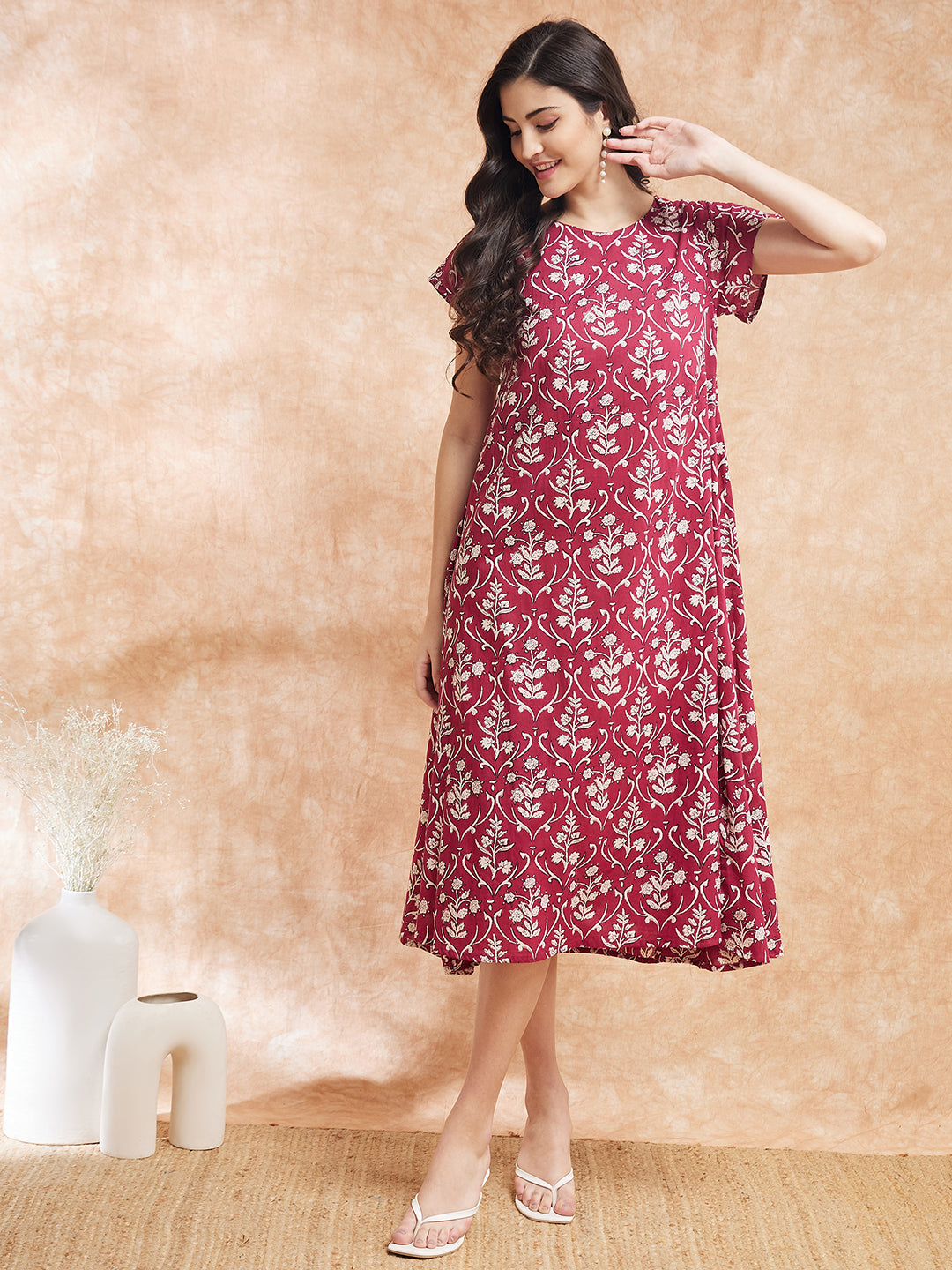 InWeave Women's Wine Cream Floral Print A Line Dress - Distacart