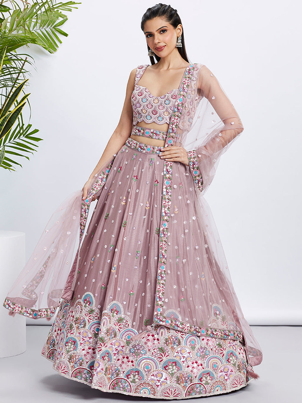 House of Panchhi Lavender Georgette Sequins And Thread Embroidery Lehenga Choli & Dupatta