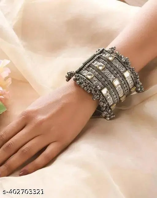 Tehzeeb Creations Women's Silver Colour Oxidised Bangle With Kundan - Distacart