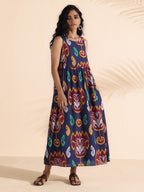 trueBrowns Purple Cotton Ikat Flared Dress - Distacart