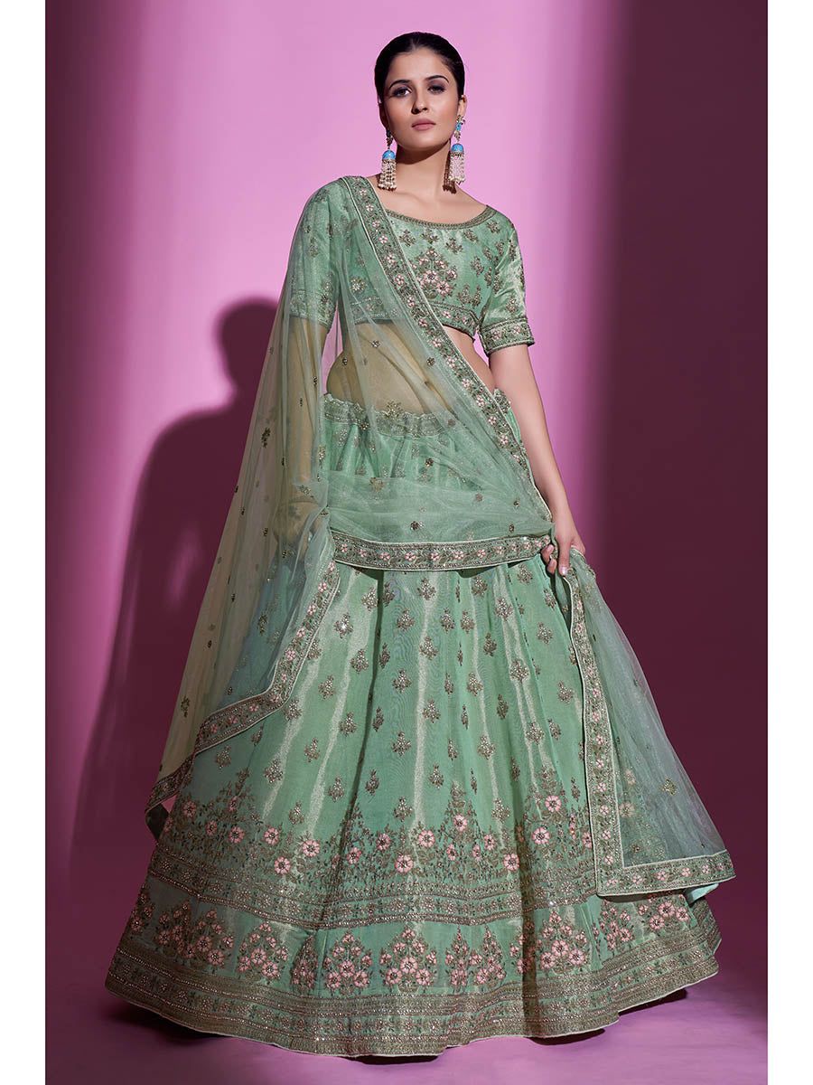 Myra Pista Green Gota Silk Embroidered Designer Lehenga Choli