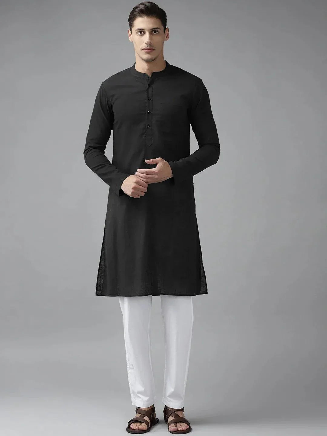 Fabmade Men Z-Black Cotton Linen Kurta
