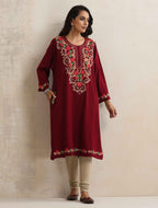 trueBrowns Maroon Kashmiri Embroidered Woollen Phiran Kurta - Distacart