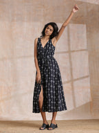 trueBrowns Black White Geometric Print Cotton Sleeveless Wrap Dress - Distacart