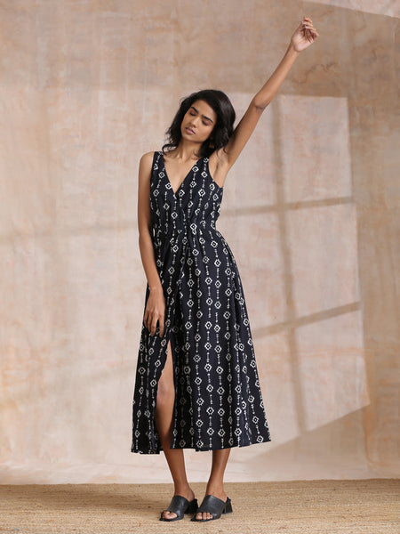 trueBrowns Black White Geometric Print Cotton Sleeveless Wrap Dress