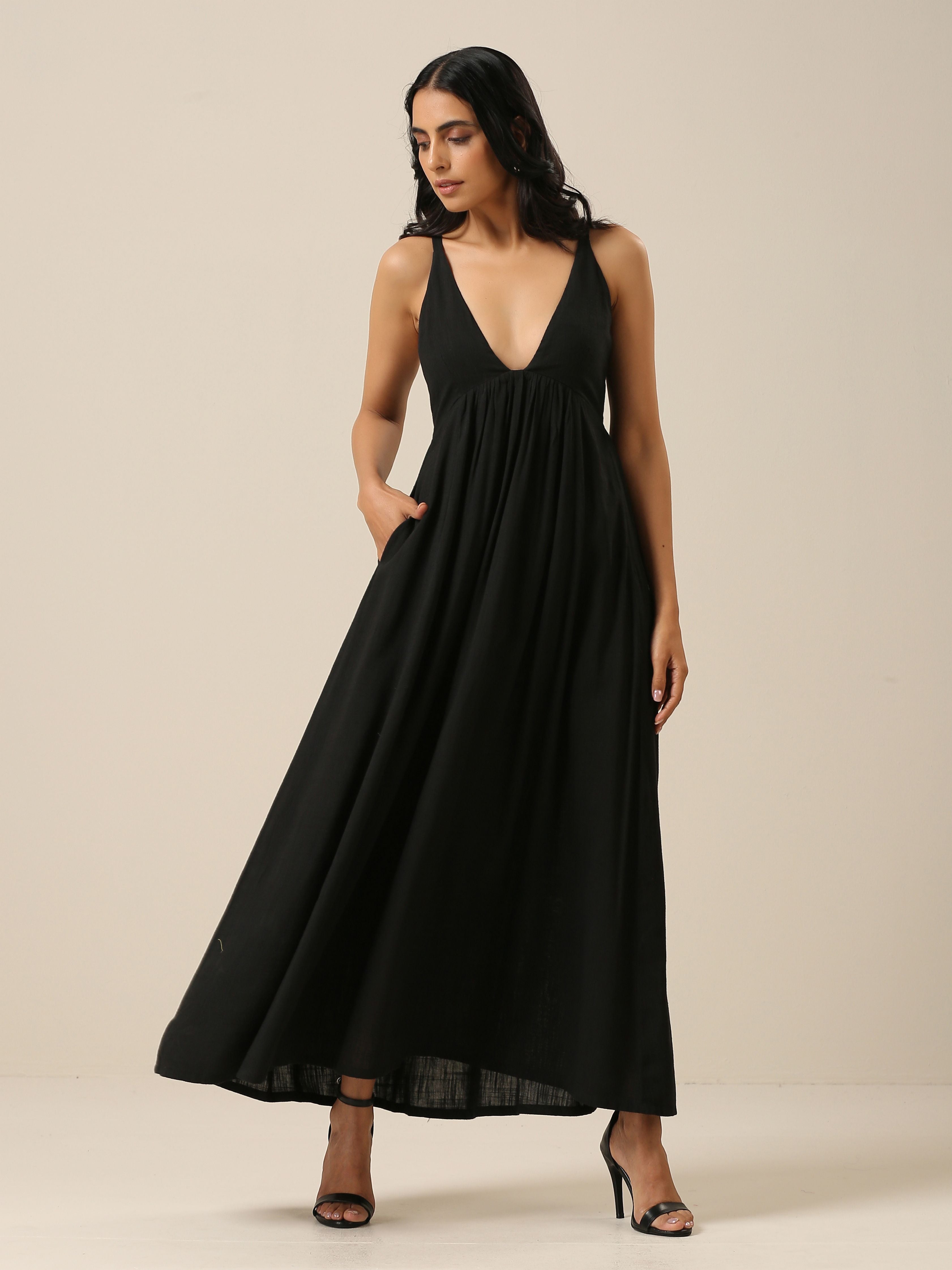 trueBrowns Black Slub Texture Sleeveless Dress - Distacart