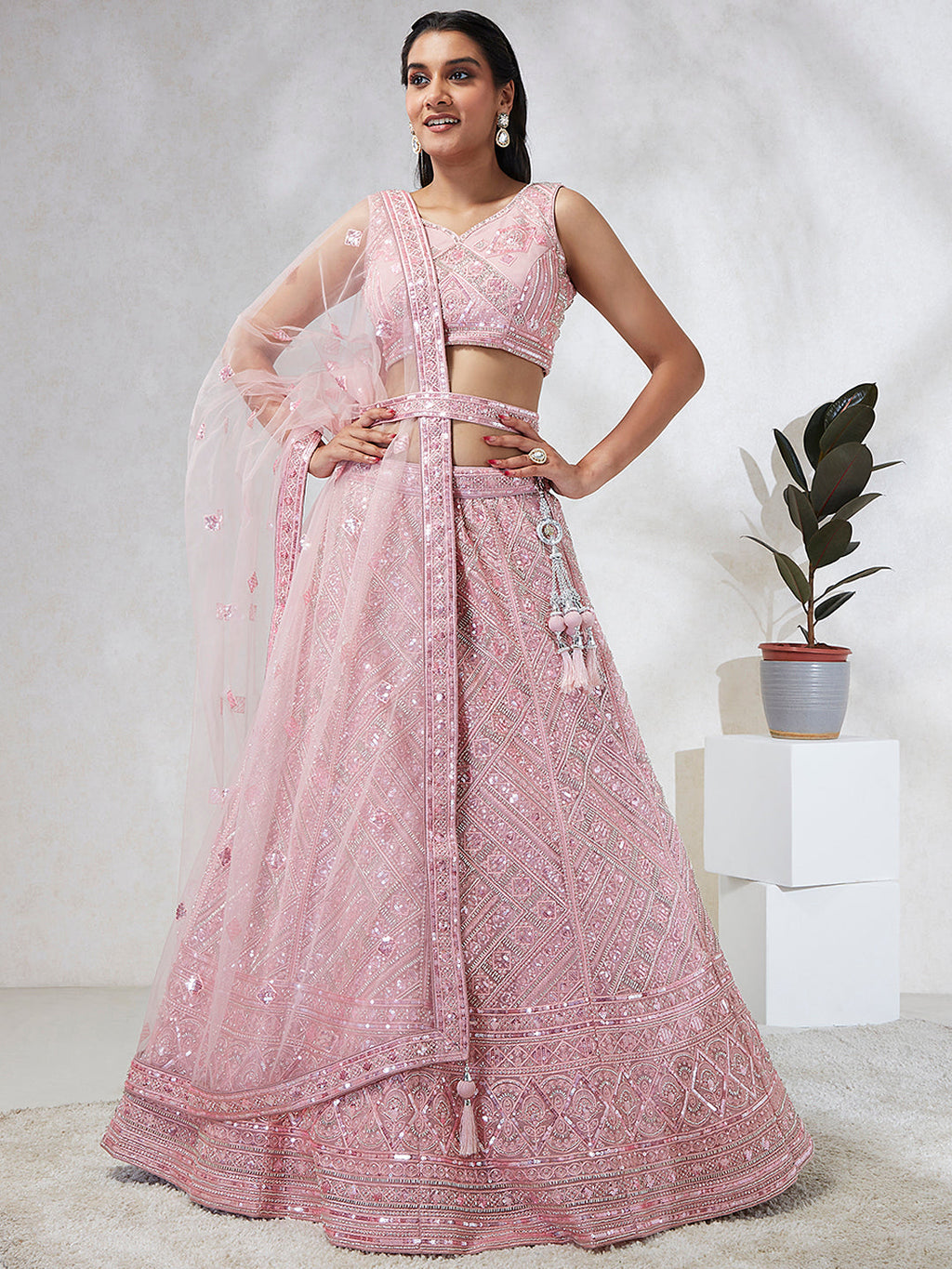 House of Panchhi Pink Net Cutdana, Sequins And Zarkan Embroidery Lehenga Choli & Dupatta