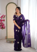 Evanik Purple Mos Silk With Handwork Butterfly Design Saree With Unstitched Blouse - Distacart