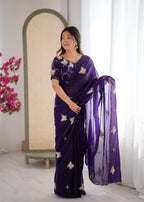 Evanik Purple Mos Silk With Handwork Butterfly Design Saree With Unstitched Blouse - Distacart