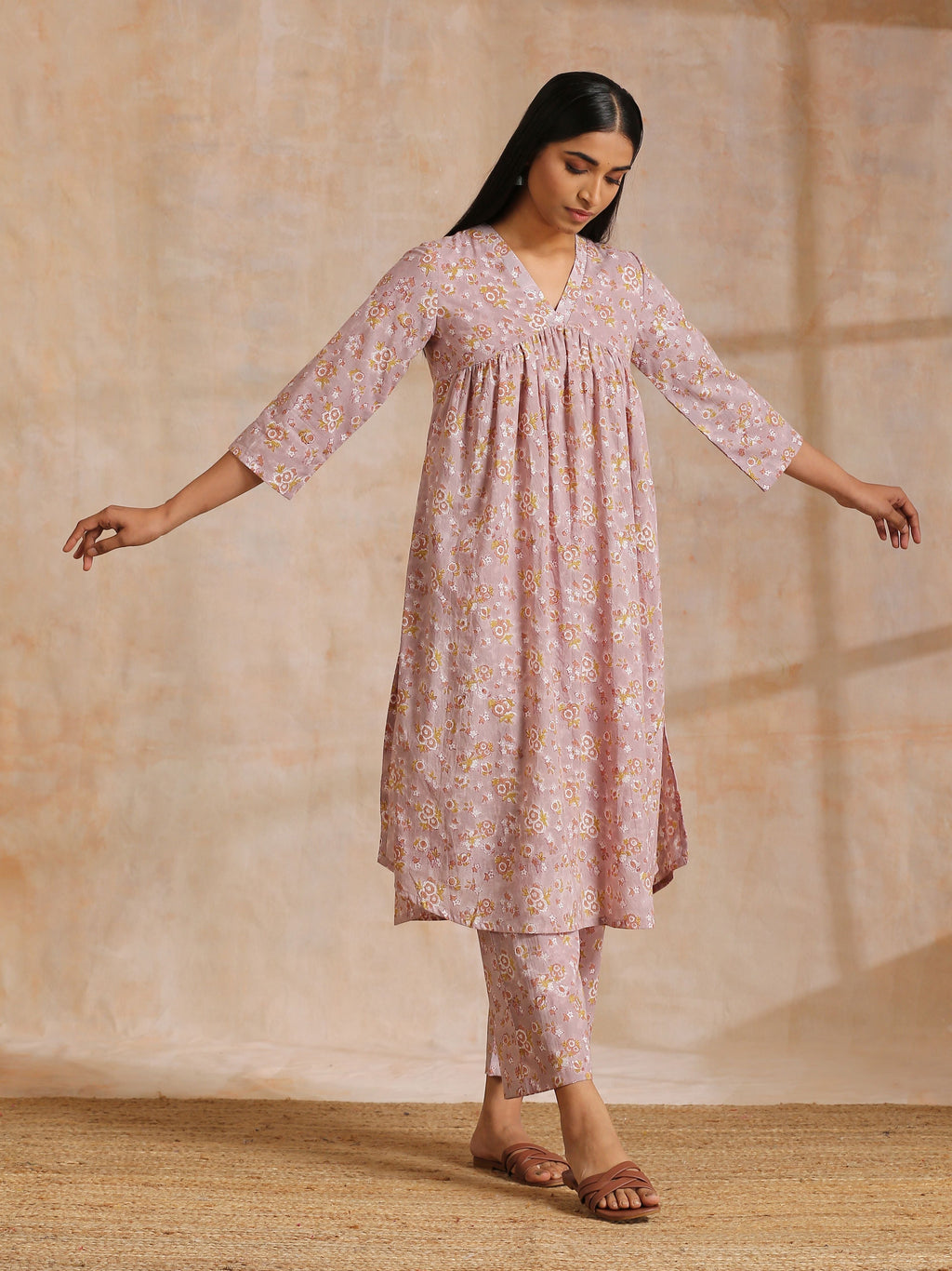 trueBrowns Grey Overall Floral Block Print Cotton Flared Slit Kurta Pant Set | Relove - Distacart