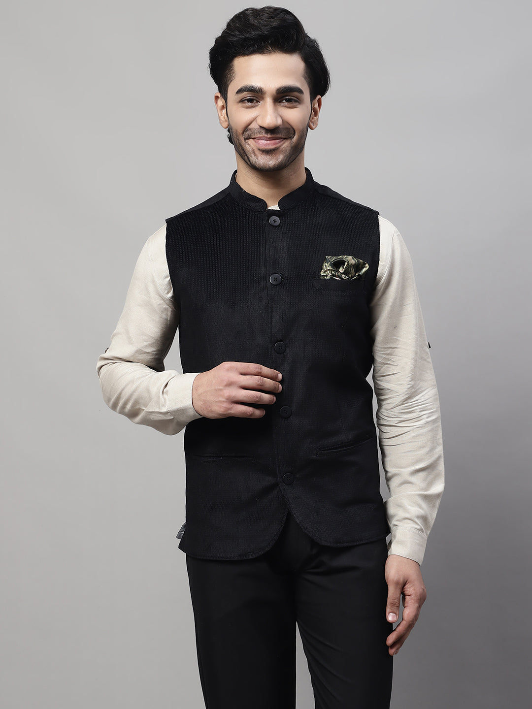 Even Apparels Men's Black Nehru Jacket With Welt Pockets
