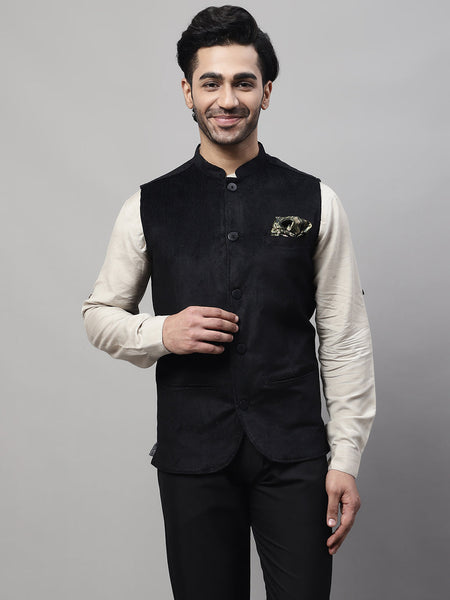 Even Apparels Men's Black Nehru Jacket With Welt Pockets