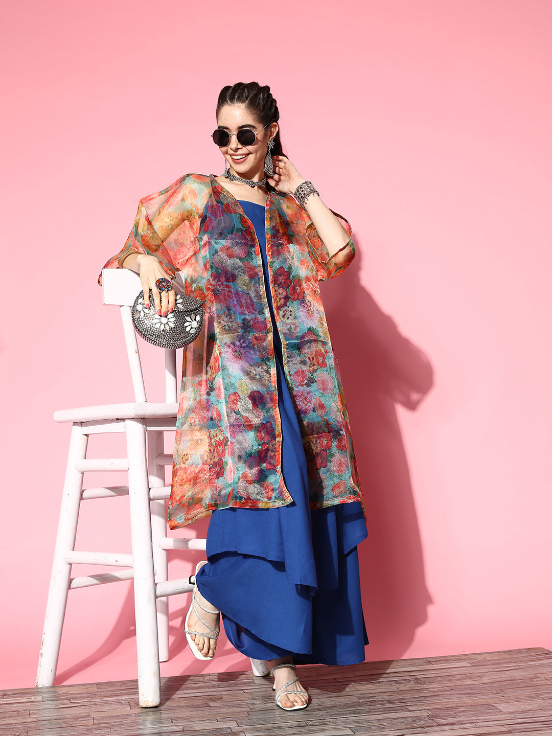 InWeave Ink Blue Strappy Set With Green Floral Long Organza Cape