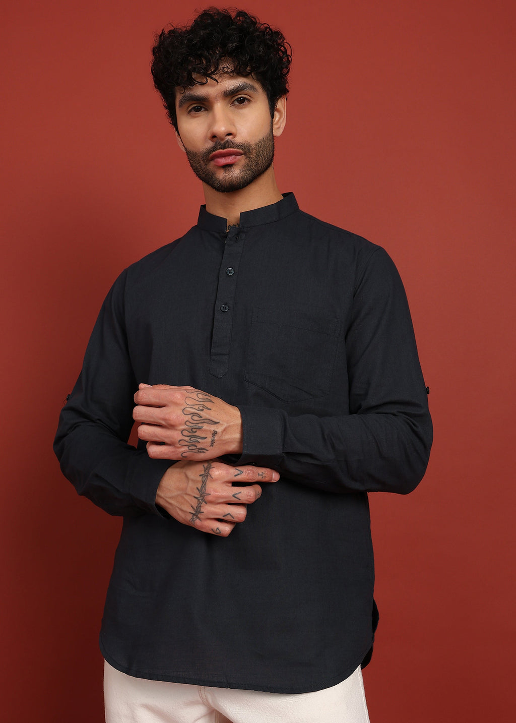 Fabmade Onyx Noir Mandarin Collar Short Kurta