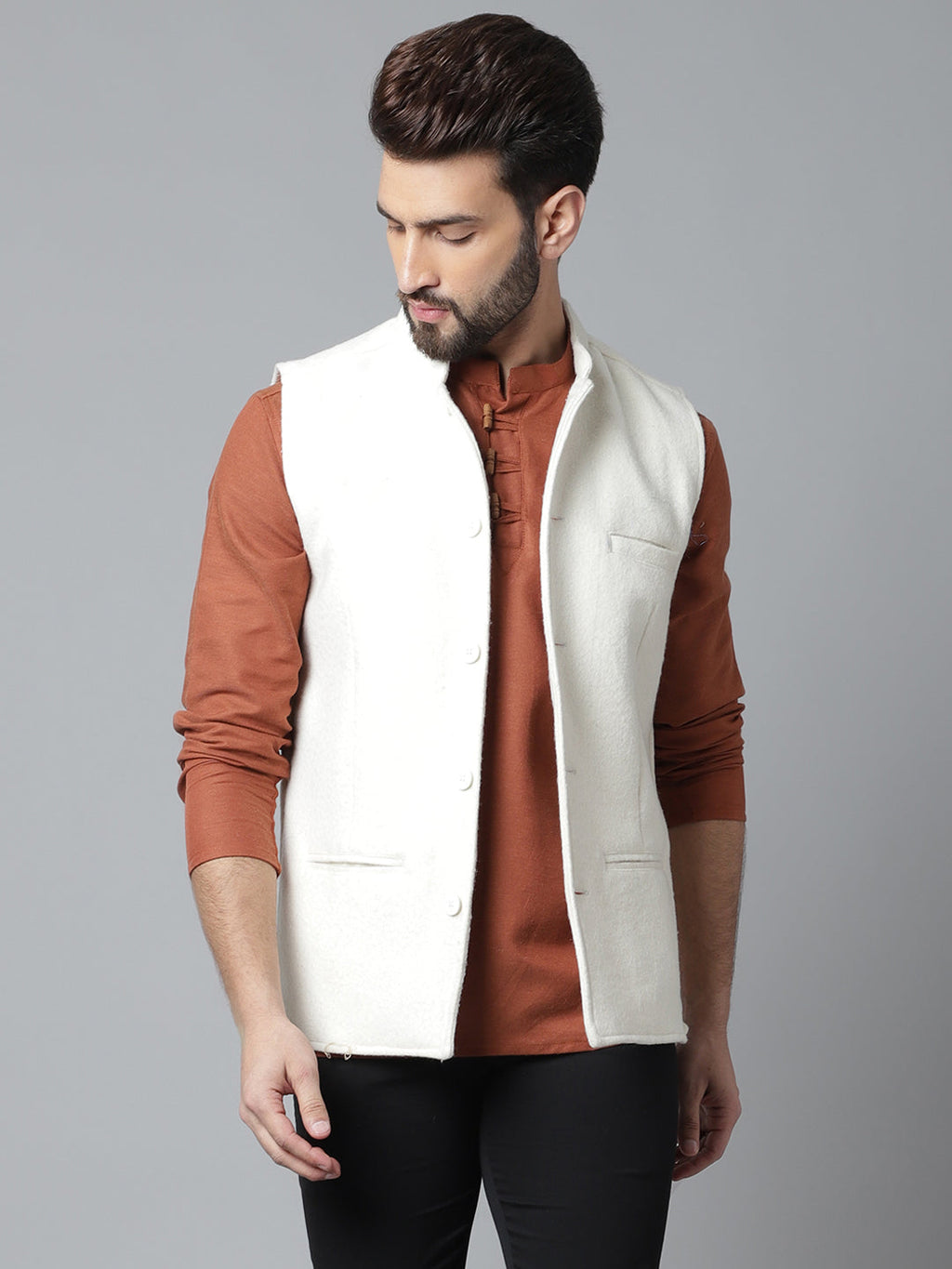 Even Apparels Men's White Pure Wool Nehru Jacket