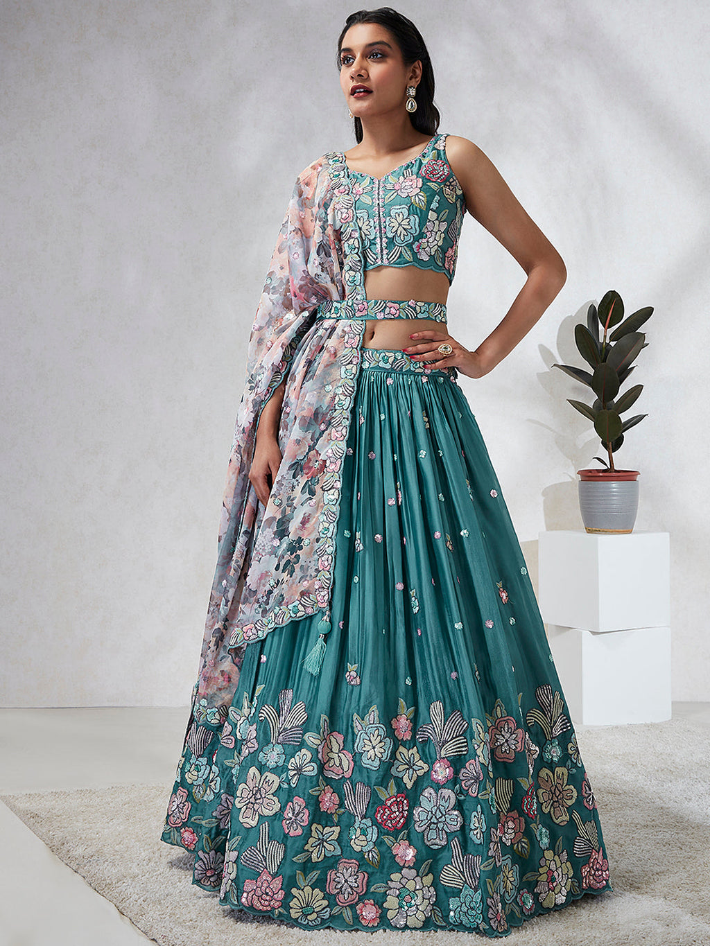 House of Panchhi Turquoise Blue Georgette Sequins And Thread Embroidery Lehenga Choli & Dupatta