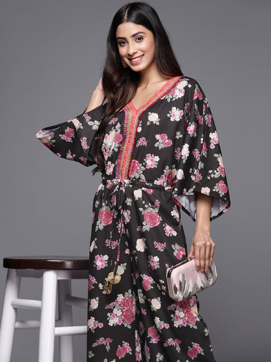 Ahalyaa Printed Crepe Basic Jumpsuit With Lace Inserts - Distacart