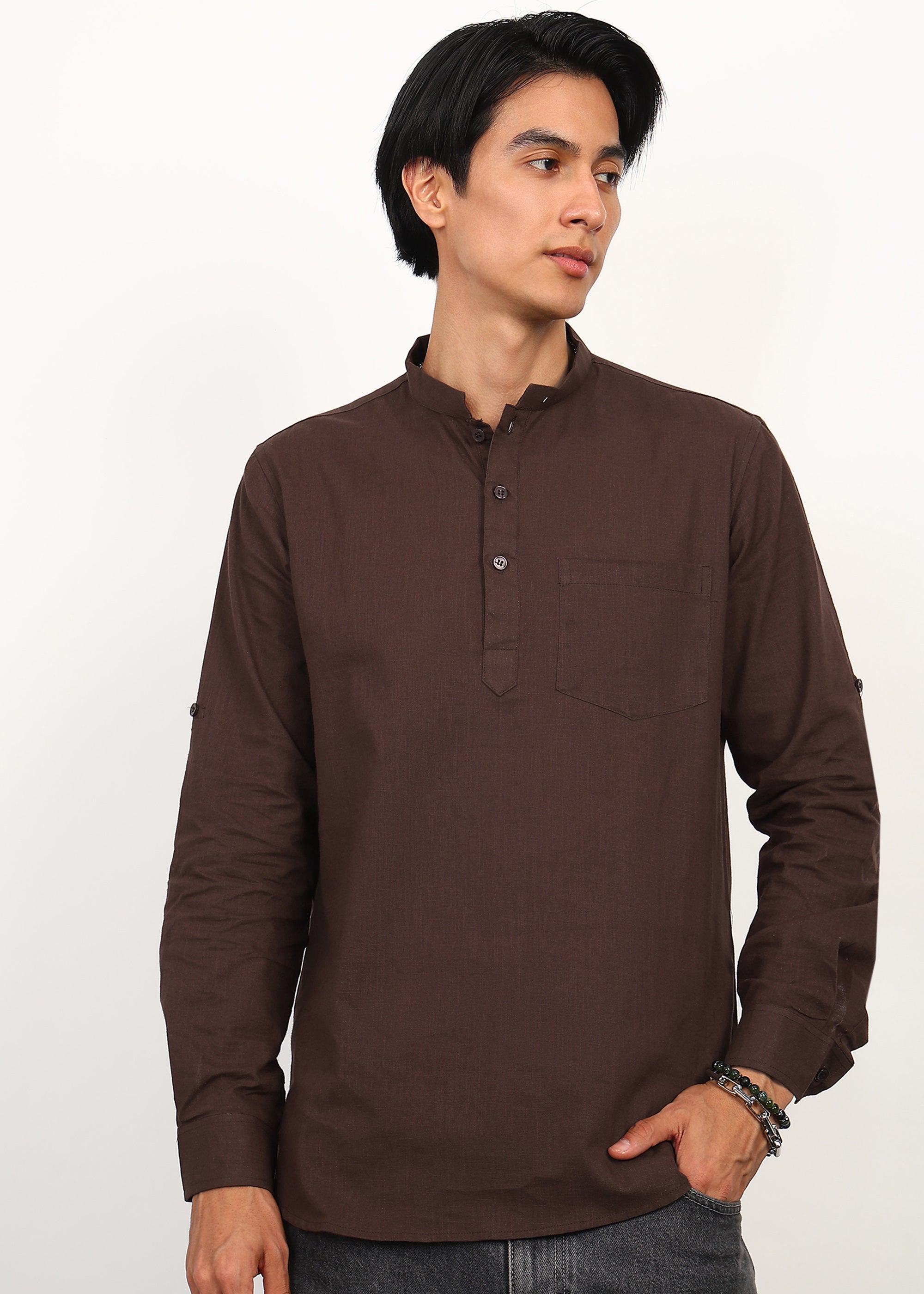 Fabmade Cocoa Drift Linen Short Kurta